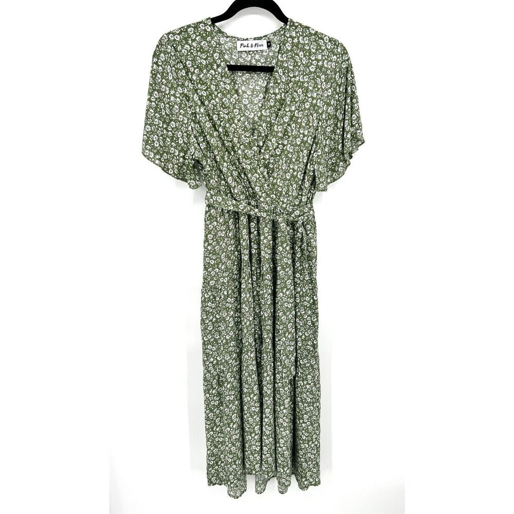 PINK & FLARE Green White Boho Ditzy Floral Faux Wrap Midi Dress Size Medium